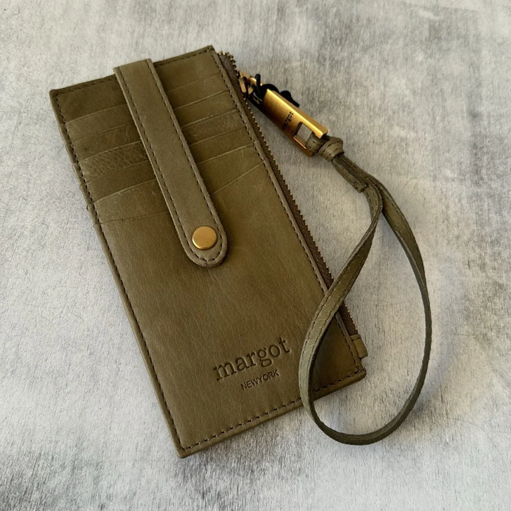 Margot Olive Green -grey slim leather Card case wallet wristlet